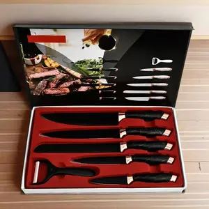 6 Piece Kitchen Knife Set – a chef power set with non-slip handles and steel blades. The set includes a chef knife, santoku knife,slicing knife,utility knife,and paring knife,designed for both durability and long-lasting sharpness.Block Colorful Stainless