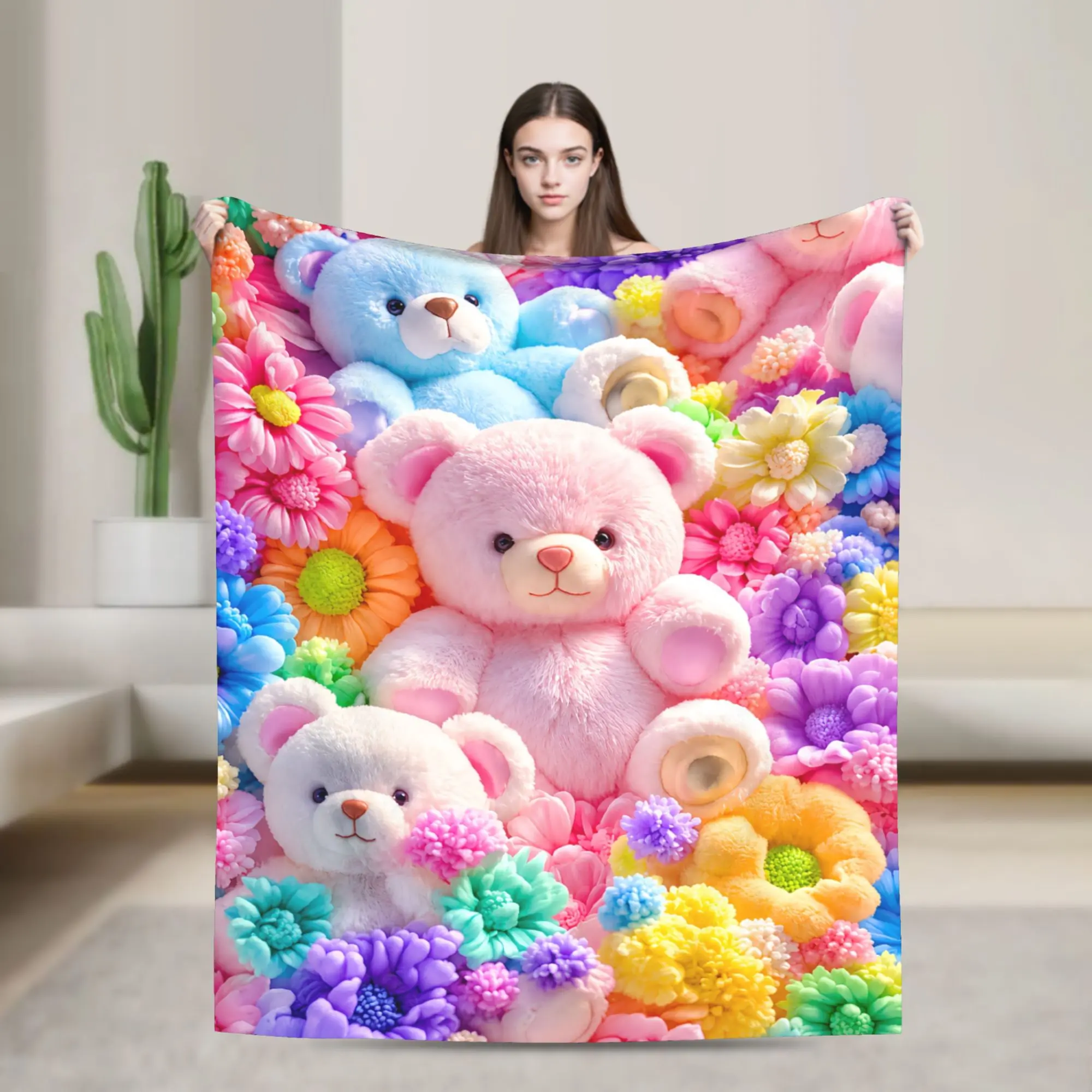 Teddy Bear Floral Blanket 2D Flat Cartoon Print Ultra Soft Flannel Throw Blanket Cute Colorful Bear Aesthetic Lightweight Cozy Warm Blanket for Sofa Couch Bed Bedroom Decor Travel Camping Office Chair Home Decor Gift Trending Must Have Cozy Home Essential