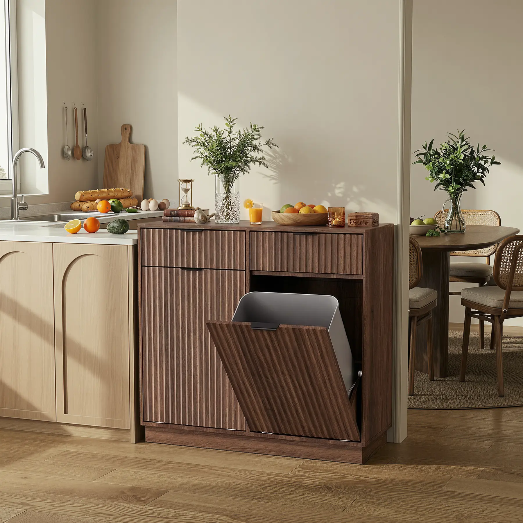 Oakault Durable 20 Gal Walnut-1 Double Tilt-Out Trash Cabinet - Freestanding Fluted Laundry Hamper, 2 Drawers, Arc Design, Wooden Hidden Kitchen Garbage Can, Assembly Required for Kitchen, Laundry Room
