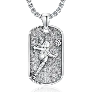 MEIDERBO Dream Chaser Soccer Dog Tag Necklace for Men 925 Sterling Silver Oxidized Finish Football Pendant Captain Steel Style Stainless Steel Bead Chain 22+2 Inch