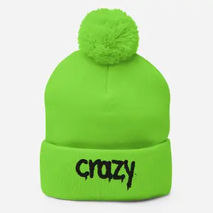 Black Embroidered Crazy Cuffed Knit Beanie Pompom Hat - Unisex Fashionable Winter Accessory - Graffiti Drip - 100% Acrylic - Soft and Warm