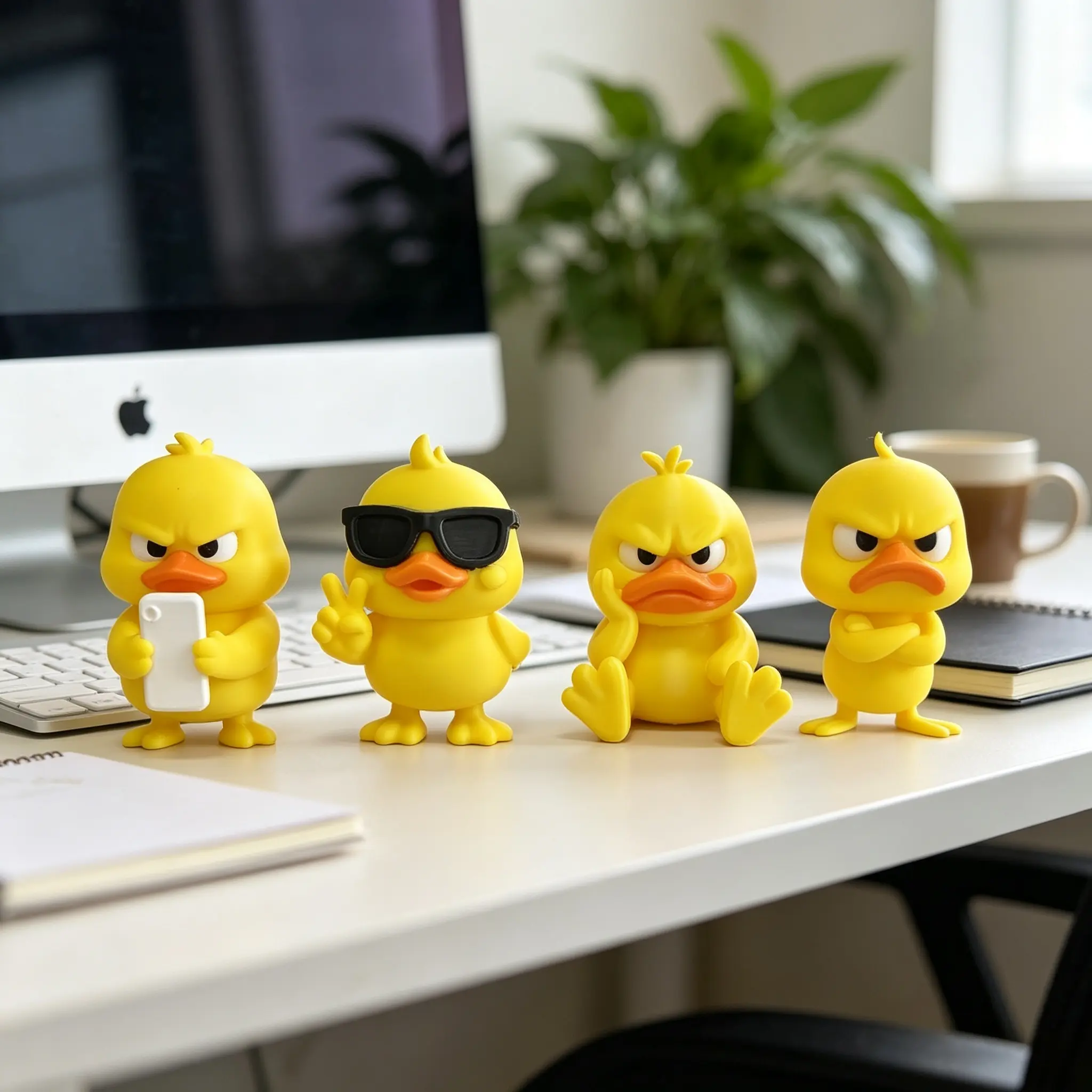 4pcs Funny Angry Duck Figurines,3D Printed,Angry Yellow Duck Statue, Cute Desktop Ornaments, Funny Duck Collectible Desktop Sculpture for Office & Home Display
