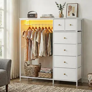 6-Drawer Fabric Dresser with Hanging Rack & LED Lights, Closet Organizer with Built-in Charging Station (USB + AC Outlets), Wooden Top Storage for Bedroom, Living Room