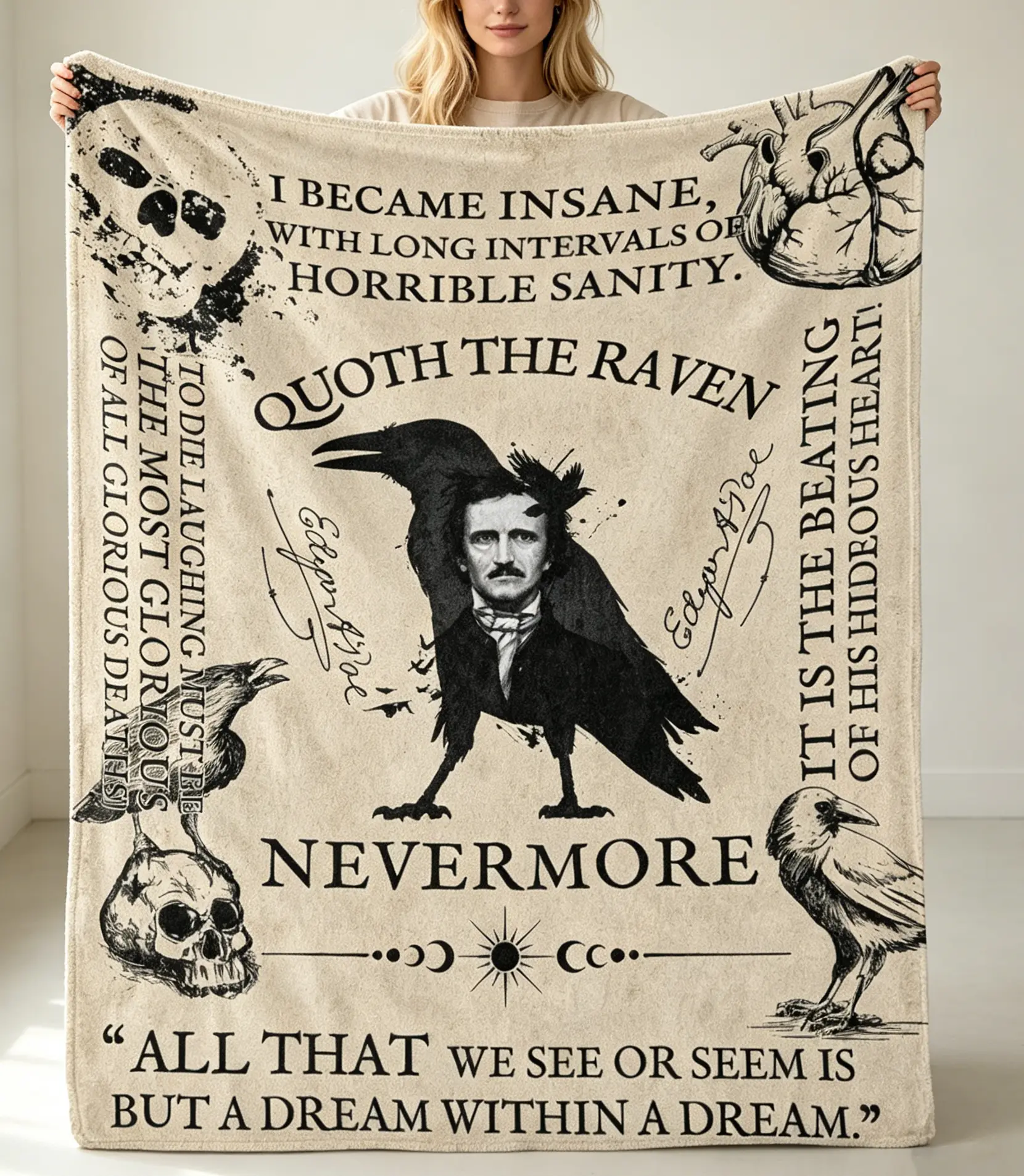 Multi-Design Edgar Allan Poe The Raven Gothic Collage Throw Blanket (30" x 40", 50% Polyester-50% Cotton) - Wrinkle Resistant, Breathable, Vintage Dark Literature Skull Crow Decor, Spooky Gift for Gothic Book Lovers, Dark Academia Aesthetic Bedrooms