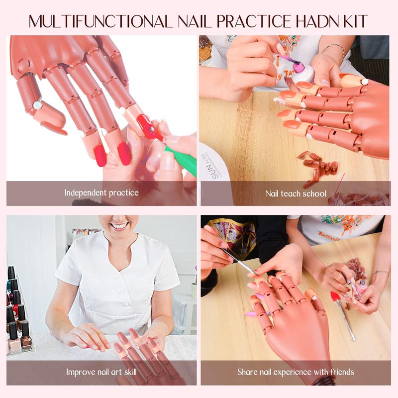 Practice Hand for Acrylic Nails, Flexible Moveable Fake Hands, Manicure Trainng Hand Nail Kit for Beginners, Movable Nail Maniquin Hand with 200PCS Nail Tips, Nail Glues, Brush and Clipper