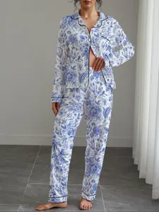 Women's Fall Winter Home Set, Floral Print Party Sleepwear Pajamas, Button Front Long Sleeve Top and Elastic Pants, Soft Stretch Fabric