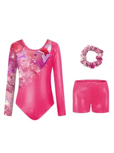Girls' Star Pattern Long Sleeve Onesie Set, Shorts & Hair Tie, Dancewear, 3-Piece, Cute Toddler Clothing, Outfits