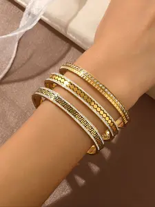 Elegant Greek Wave Zircon Stainless Steel Bracelet Set, Rhinestone Bling Bangles, Multilayered Bangles, Casual Fashion Jewelry for Women, All Seasons