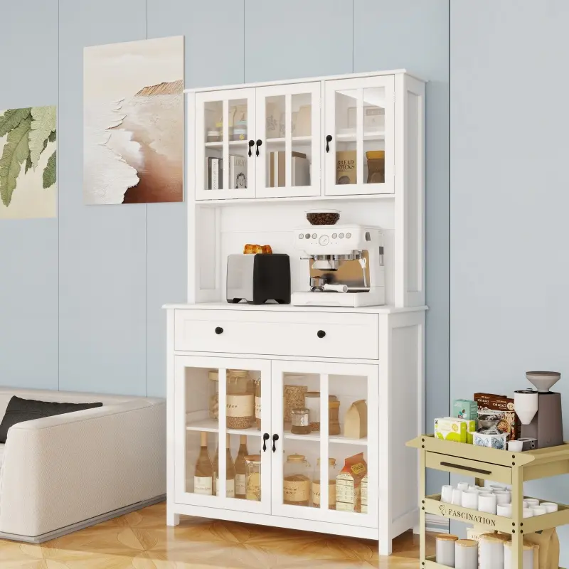 71 in Durable Wood Modern Home Storage Cabinet - Freestanding Kitchen/Dining Room Sideboard (Over 25 kg), Microwave Slot, 3 Adjustable Shelves, 5 Glass Panel Doors, 1 Large Drawer, Anti-Tip Base, Assembly Required, Sturdy