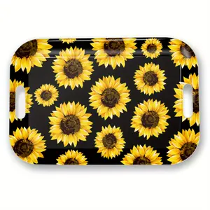 Modern Rectangular Serving Tray with Handles - Lightweight, Easy-Clean Surface, Sturdy Melamine Construction - for Kitchen, Dining, Parties, Home Decor - Sunflower Tray with Black Background & Yellow Floral Pattern - Ideal Gift for Housewarming, Weddings