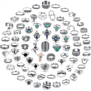 82 Pcs Vintage Silver Knuckle Rings Set for Women, Bohemian Stackable Joint Finger Rings, Retro Stone Crystal Stacking Midi Rings Pack