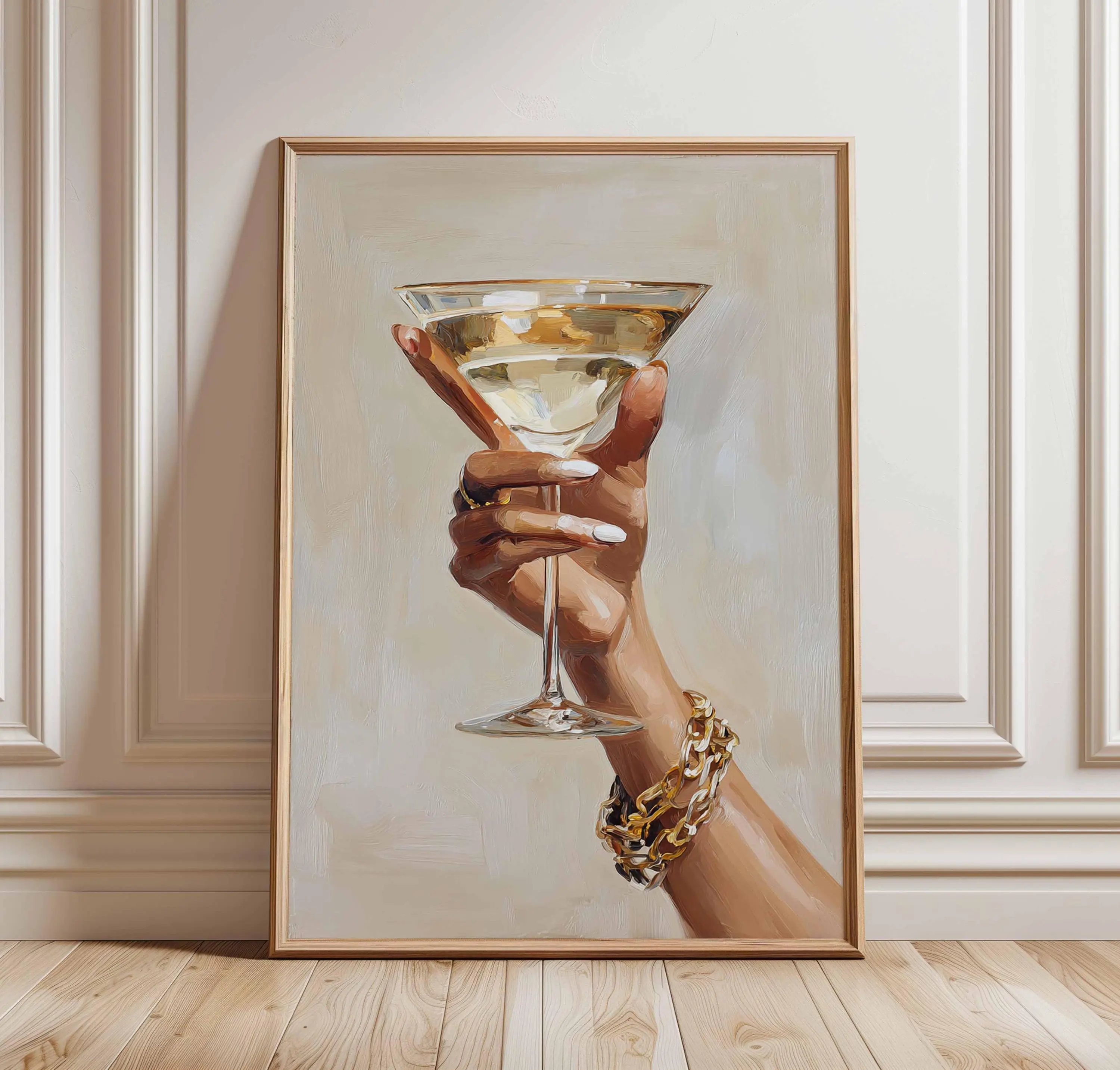Chic Martini Glass Poster – Glam Wall Art with Hand Holding Cocktail, Fashion Bar Decor, Modern Champagne Print for Kitchen or Lounge Decor Poster
