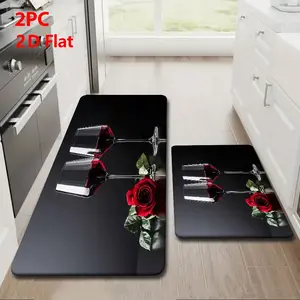 Kitchen Mats for 2/3PCS, Waterproof Kitchen Rugs,Non Slip Comfort Standing Mat Rug Red Rose & Wine Glass Pattern Design for Home, kitchen, Sink, Laundry, Office