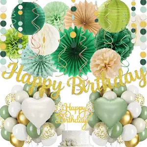 Sage-Green  Birthday Decoration,Happy Banner,Olive Retro Paper Lanterns Neutral Tissue Pom Poms Fan,Boho Green Balloons For Anniversary Princess Backdrop Party Supplies for Women Girls Mens