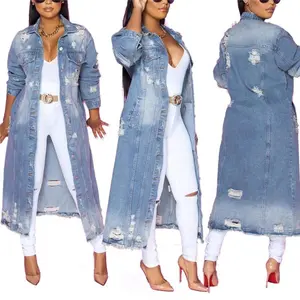 Denim Trench  Women Spring And Autumn New European And American Fashion Selling Retro Medium Long  Blouse Tops Casual Blue Cotton coat buttoned Floral Print Sleeveless Tube Top