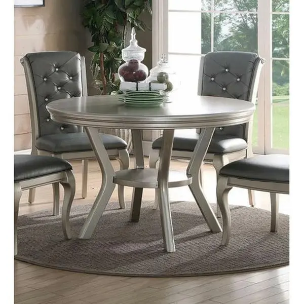 Bellemave 5-Piece Italian-Style Silver Hue Round Dining Table Set with Shelf, 4 Tufted-Back Side Chairs, Formal Indoor Dining Room Furniture for Meals