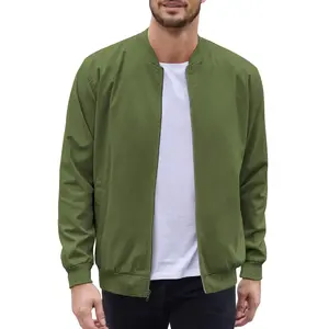 Men's olive green lightweight bomb jacket made of premium linen fabric with a casual style, featuring a medium ribbed collar and side pockets, perfect for pairing with spring, autumn, and winter seasons