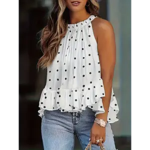 Summer Chic Breathable Polyester Off-Shoulder Polka Dot Blouse - Machine Washable, Elegant Top Shirts