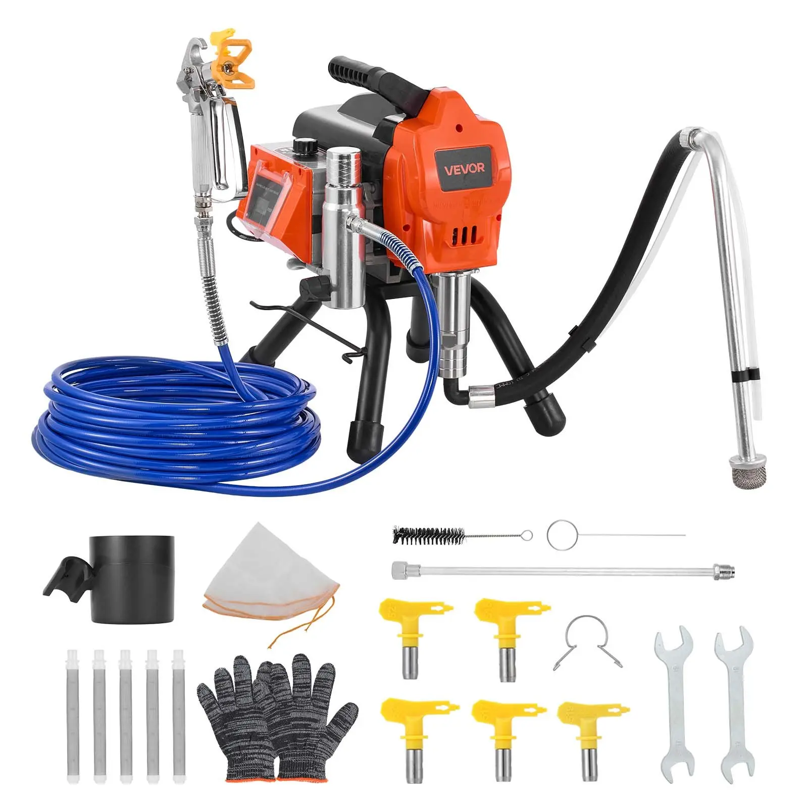 VEVOR Stand Airless Paint Sprayer with Paint Sprayer Pump, 1500W, 3300PSI High-Pressure Electric Machine, Includes Cleaning Brush, Hose, Extension Rod, Nozzles, for Large Apartments, Factory Buildings