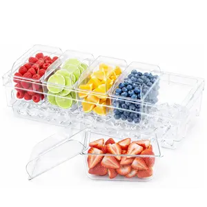 Refrigerated Seasoning Containers with Lids, Plastic Taco Bar Service Set, 5 Containers, Ice Decor Tray, Transparent Serving Dish for Fruits, Salads, Snacks