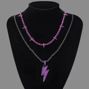 Purple Lightning Necklace Pendant & 2024New Trendy lced out Necklace, LuxuryJewelry, Daily Clothing Decor, Trendy All-match & Pendant Necklace for Bf & Gf & Daily Clothing Decor, Trendy All-match & Exquisite Jewelry for Birthday Giftwithout Box