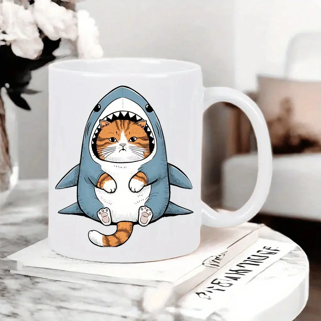 Quirky Cat in Shark Costume Ceramic Mug – Reusable, Insulated, Hand Wash Only |   Perfect for Hot & Cold Beverages |   Ideal Gift for Birthdays, Holidays, Christmas, Valentine's Day, Hot Cold Drinkware |   Quirky Shark Mug |   Insulated Ceramic, Shark Dec