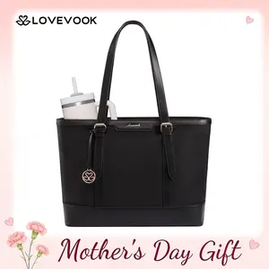 LOVEVOOK Work Tote Bag for Women 15.6 Inch Laptop Computer Bags with Cup Holder, Large Teacher Bag Briefcase for Business Office Travel Black, Nylon&PU Summervibes