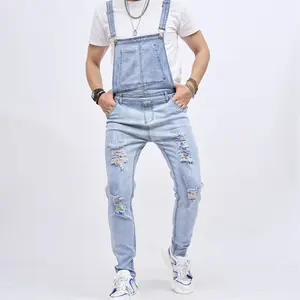 Men Slim Holes Overalls Jumpsuits Biker Jeans Man Street Style Stylish Distressed Ripped Stretch Strap Jeans Men Trousers