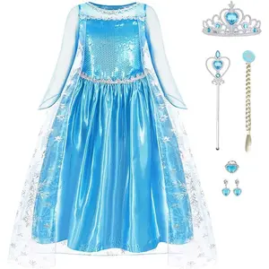 L-BN020    Elsa Dress Princess Costume for Girls Halloween Cosplay Princess Dress Up Luxury Birthday Outfit for Toddler Kids