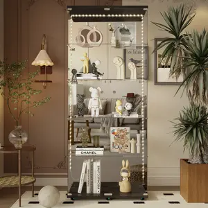 Tempered glass display cabinet,liquor cabinet, storage cabinet,file cabinet,with Bluetooth LED strip light,lock on the door,back panel is Mirror,suitable for living room,bedroom,corridor, office black