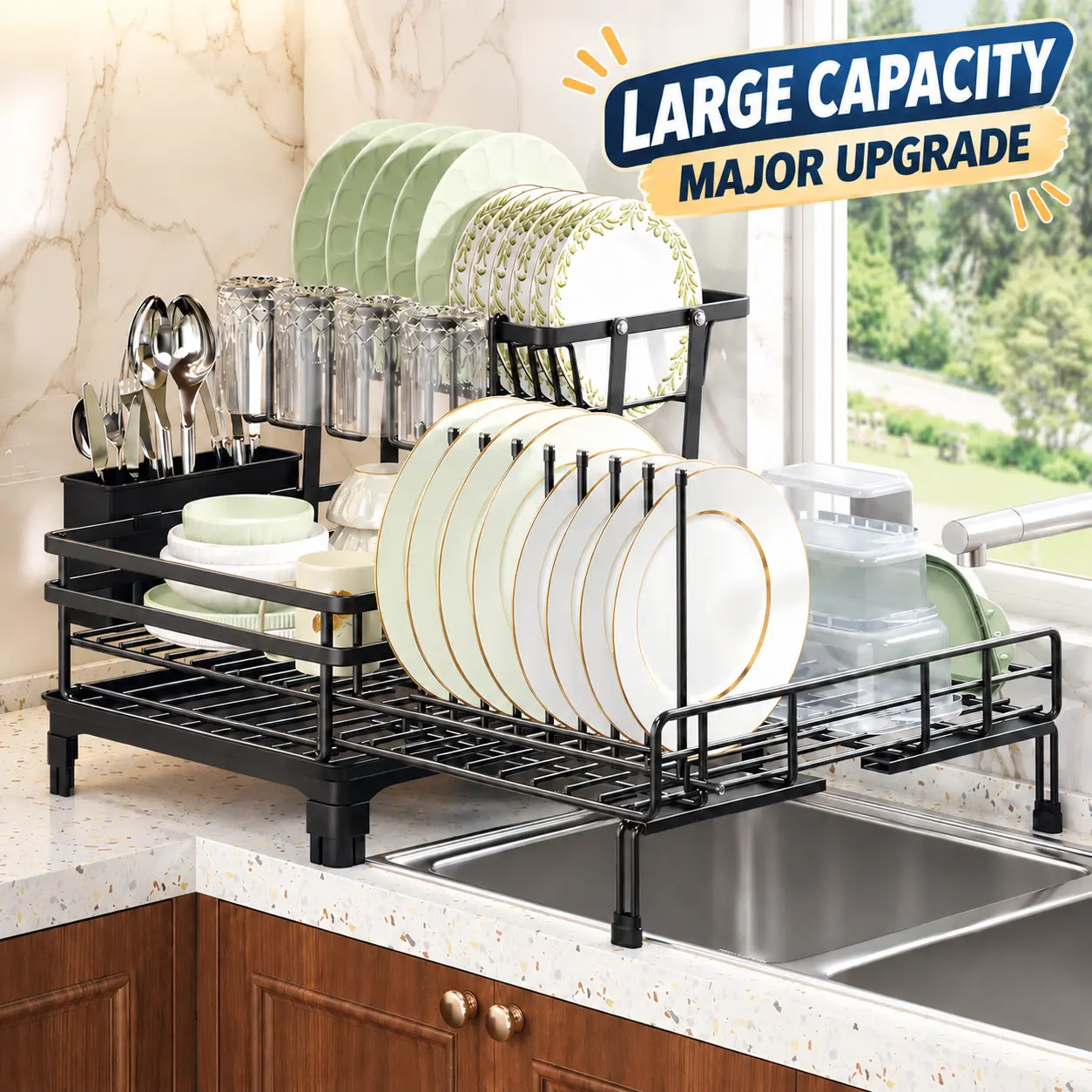 Foldable Over Sink Dish Drying Rack, 2-Tier Expandable Carbon Steel, Large Capacity Pull-Out Rack, Drainboard, 360° Drain Spout & Utensil Holder