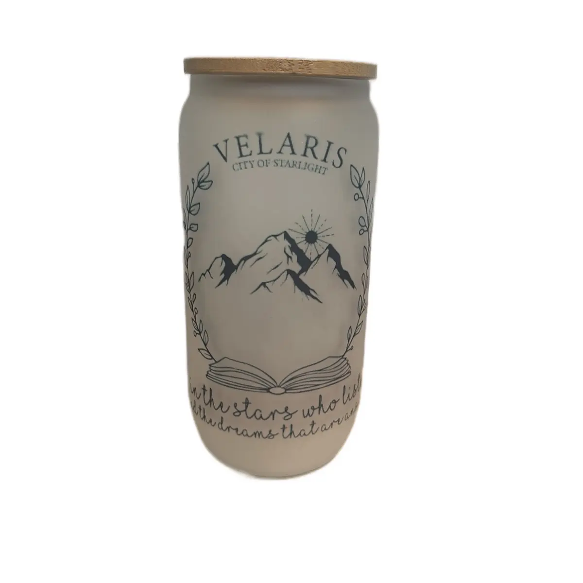 ACOTAR glass tumbler with bamboo lid and plastic straw. Velaris
