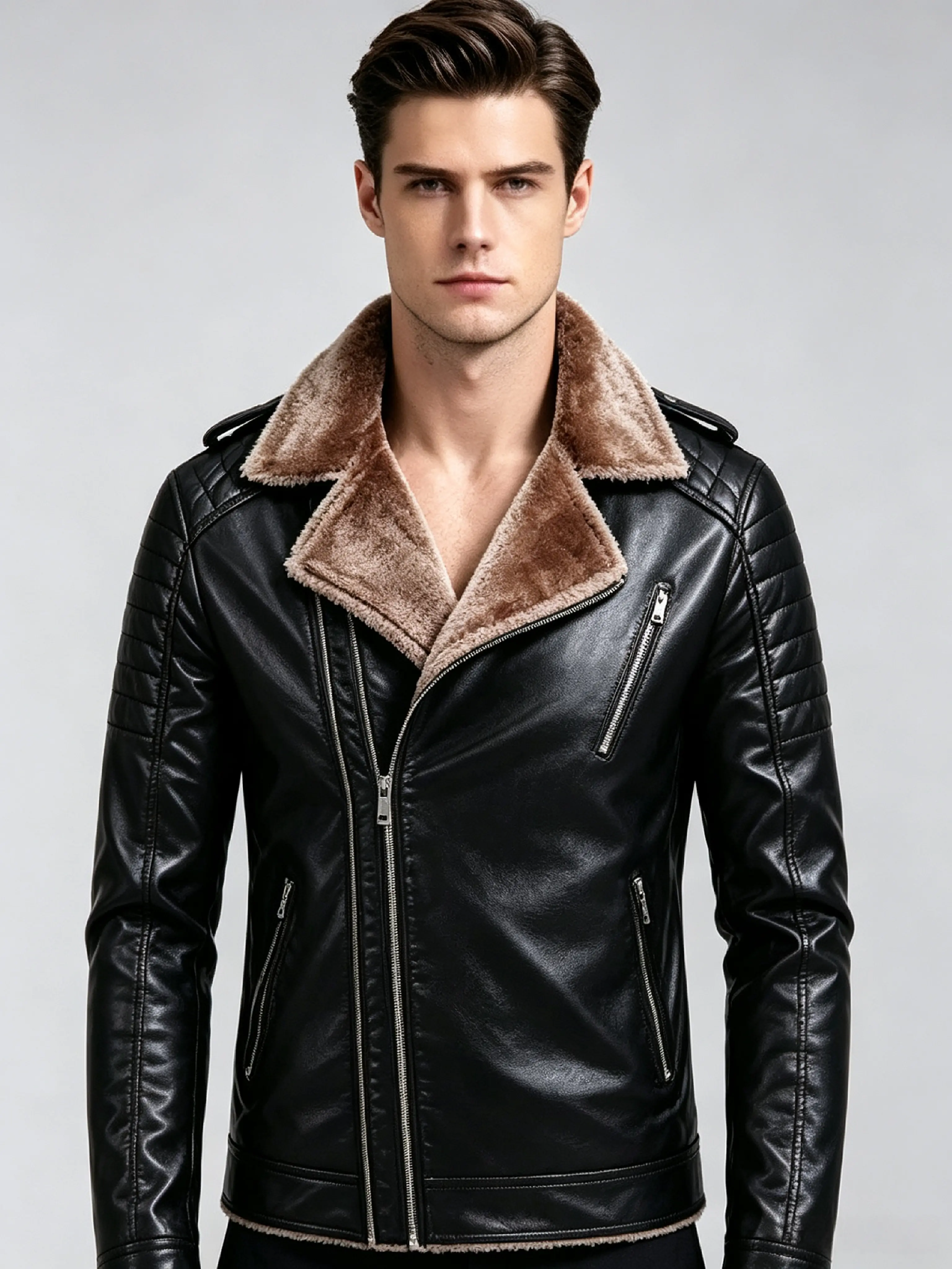 Men's winter casual leather jacket with fleece lining