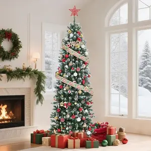6/7.5FT Pencil Christmas Tree, Artificial Pre-Lit Slim Christmas Tree, Realistic Xmas Tree Artificial Holiday Decoration for Indoor and Outdoor Use