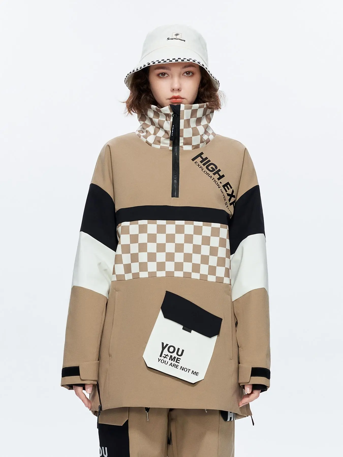 Women's Checkerboard & Letter Print Zip Up Jacket, Casual Long Sleeve Pocket Design Waterproof Ski Outerwear, Women's Ski Clothing for Winter