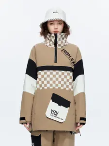 Women's Checkerboard & Letter Print Zip Up Jacket, Casual Long Sleeve Pocket Design Waterproof Ski Outerwear, Women's Ski Clothing for Winter