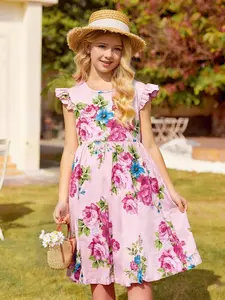 Vintage Elegant Floral Print Dress for Tween Girls, Comfortable Casual Summer Dress with Short Puff Sleeves, Round Neck Princess Birthday Dress, Ruffle Dress