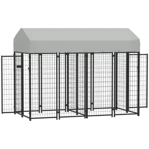 8' x 4' x 6' Outdoor Dog Kennel – Two-Room Design. 32 Sq Ft. Waterproof UV-Resistant PE Cover. 14 Welded Wire Panels + Escape-Proof Latch. Fits S, M, L Dogs Up to 66 lbs