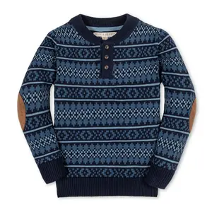 Hope & Henry Boys' Organic Long Sleeve Henley Pullover Sweater with Elbow Patches, Twilight Fair Isle, X-Large