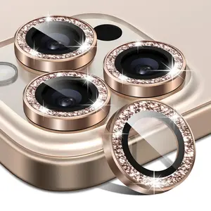 For iPhone 16 Pro/iPhone 16 Pro Max Camera Lens Protector Glitter, Anti-Scratch Bling Ring Cover, Cute Girly Individual Tempered Glass with Metal Edging for Women, Desert Titanium Golden Protection Durable