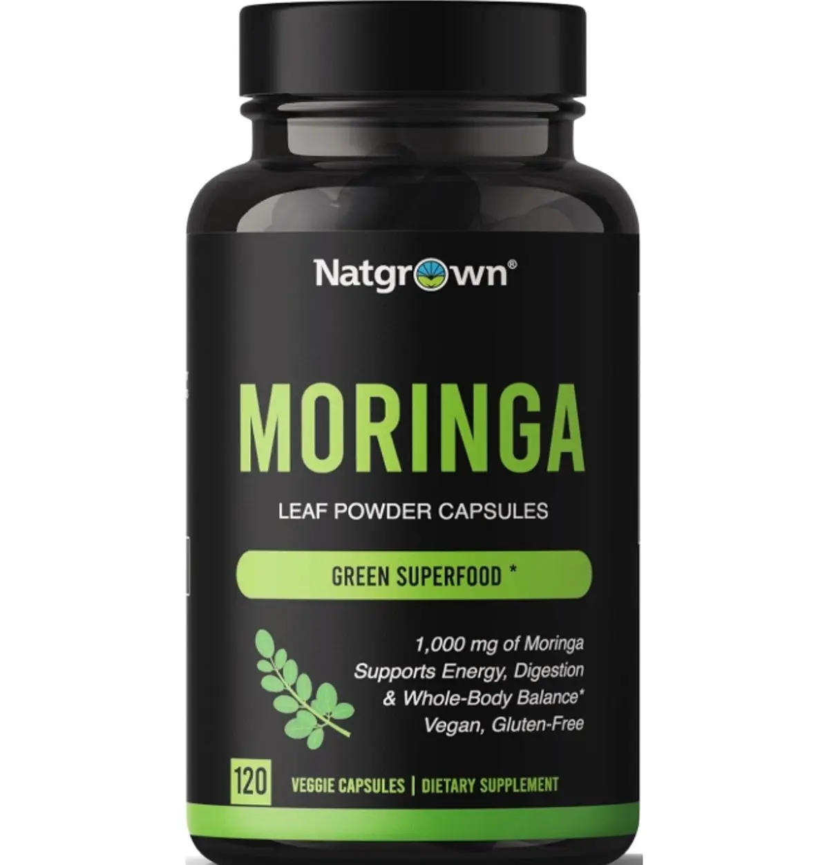 Natgrown Organic Moringa Capsules 1,000 mg - Pure Moringa Leaf Powder - Green Superfood Supplement - Vegan, Gluten-Free - 120 Capsules