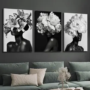 Floral and Sexy Girl Pattern Wooden Frame Canvas Painting, 3-Piece Set Modern Art Wall Decoration, Home Living Room Bedroom Office Decorative Painting