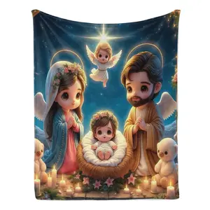 Cartoon Jesus Flannel Blanket – Soft & Cozy Throw for Kids & Family – Cute Religious Design for Bedroom, Sofa & Living Room, All-Season Gift