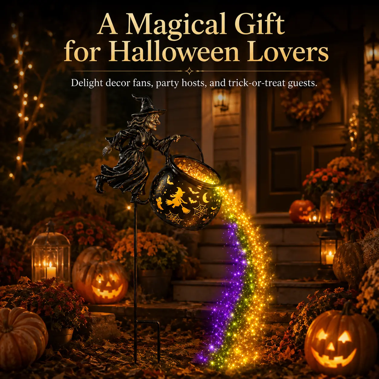 Halloween Witch Theme Metal Cauldron Garden Light - Minimalist American Style Festive Glow Outdoor Decor for Home & Garden Use