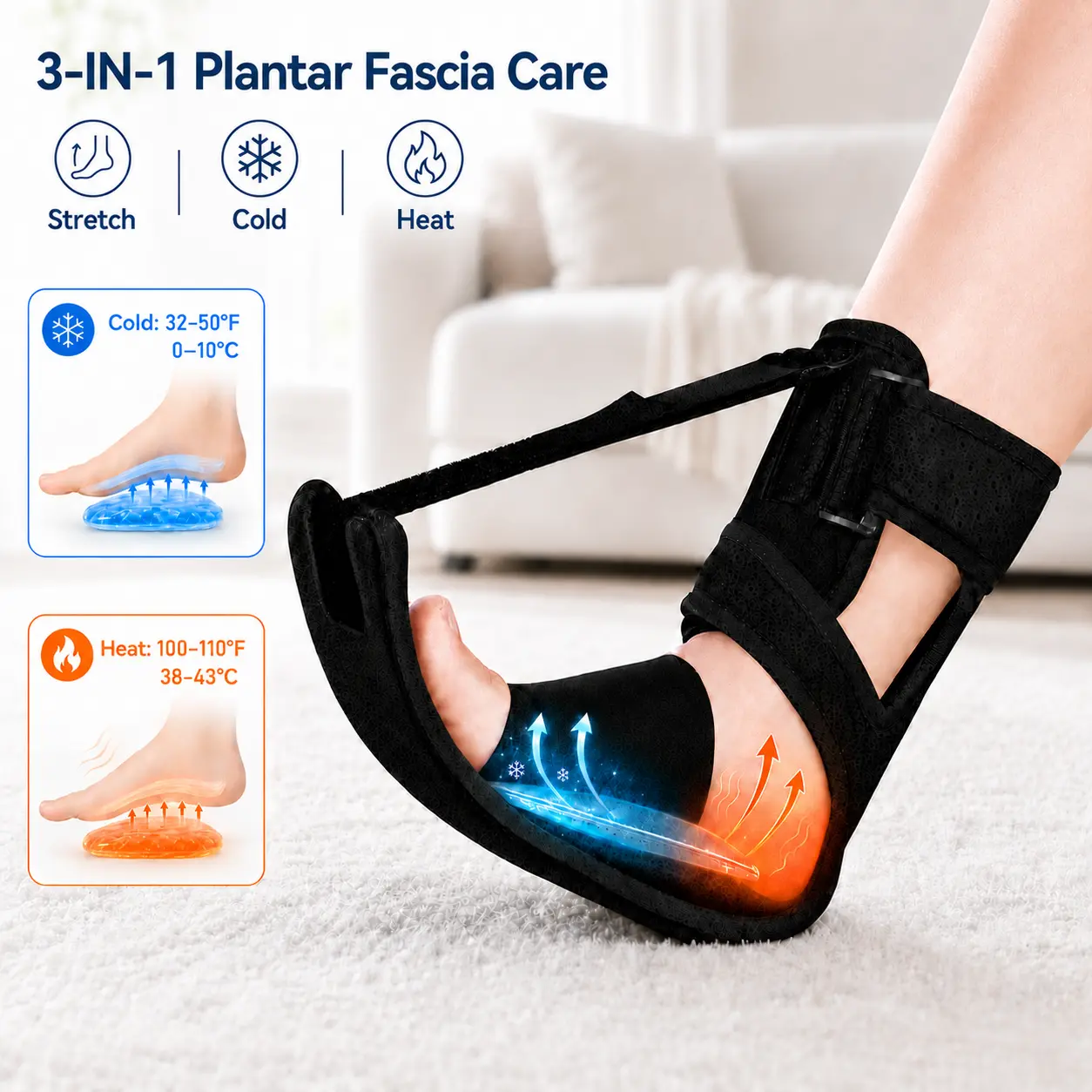 Black 3-in-1 Plantar Fasciitis Night Splint - Adjustable Recovery Aid Protective Gear with Stretch, Cold & Heat Therapy Gel Pad for Heel Pain Relief, Achilles Tendonitis, Heel Spur & Arch Support Tool