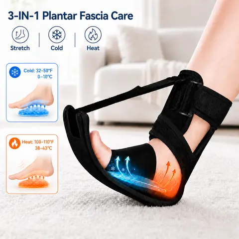 Black 3-in-1 Plantar Fasciitis Night Splint - Adjustable Recovery Aid Protective Gear with Stretch, Cold & Heat Therapy Gel Pad for Heel Pain Relief, Achilles Tendonitis, Heel Spur & Arch Support Tool