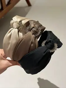 Solid Color Rhinestone Decor Knot Design Headband, Elegant Wide Band Hair Hoop for Women & Girls, Fashion Hair Accessories for Daily Wear, Knotted Headband, Bling Hair Headband