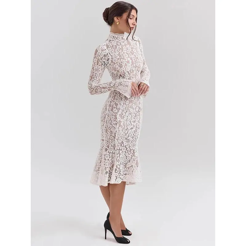 Lace Long Sleeve Sexy Midi Dress For Women Elegant White Half High Collar High Waist Bodycon Club Party Sexy Long Dress - TikTok Shop Lace Long Sleeve Sexy Midi Dress For Women Elegant White Half High Collar High Waist Bodycon Club Party Sexy Long Dress - TikTok Shop