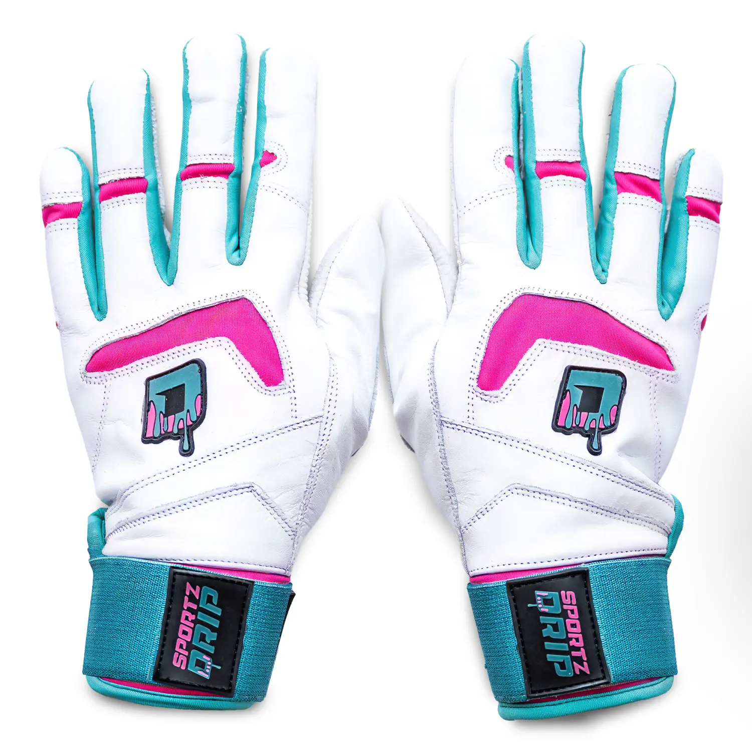 Sportz Drip Genuine Leather Unisex Batting Gloves (White & Pink, S-M/L-XL) - Multi-Size Adult Large/Extra Large Sporty & Skin Friendly Baseball & Softball Gear, Padded Secure Cuff, Hand Wash Only Baseballequipment