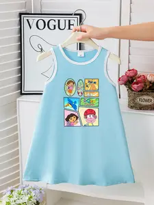 Summer Girls' Dress, Dora Explorer Pattern, Elegant Loose-Fitting, Sleeveless A-Line, Fun Kids' Summer Wear, School, Travel, Party